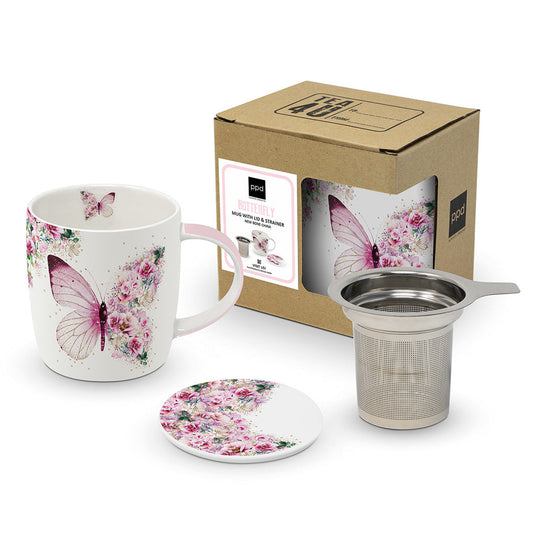 Butterfly Flowers Tasse mit Sieb und Deckel